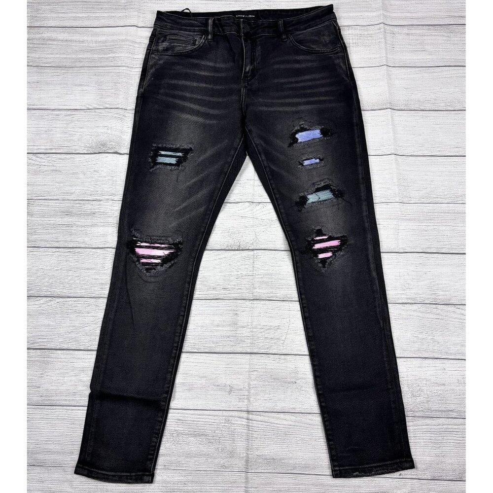 Embellish Mens Black Distressed Skinny Jeans With Colorful Patches Size 34